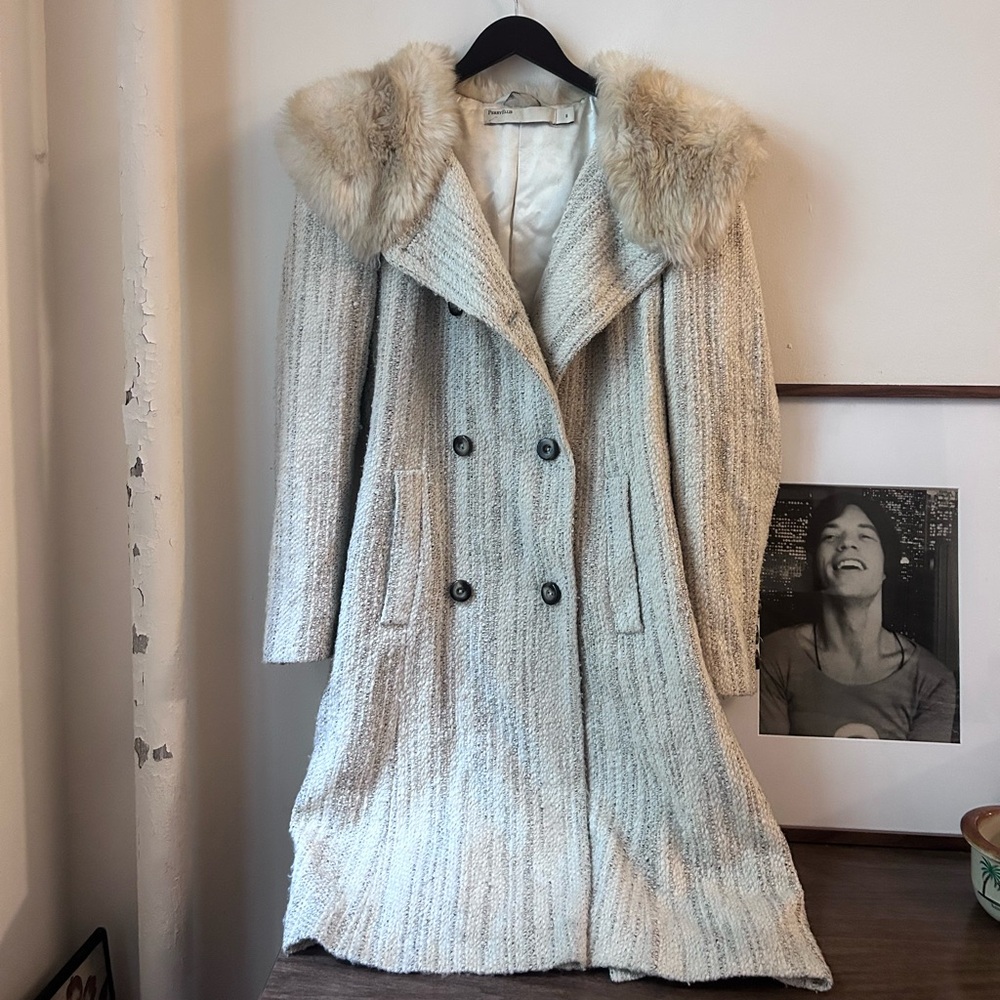 vintage perry ellis tan gray full length wool blend coat fur hood collar